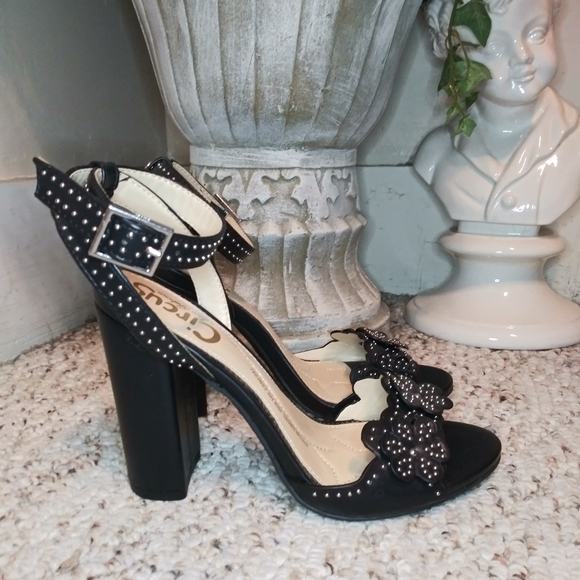 Circus by Sam Edelman Shoes - Circus By Sam Edelman Merle Silver Studded Black Floral Faux Leather Heels